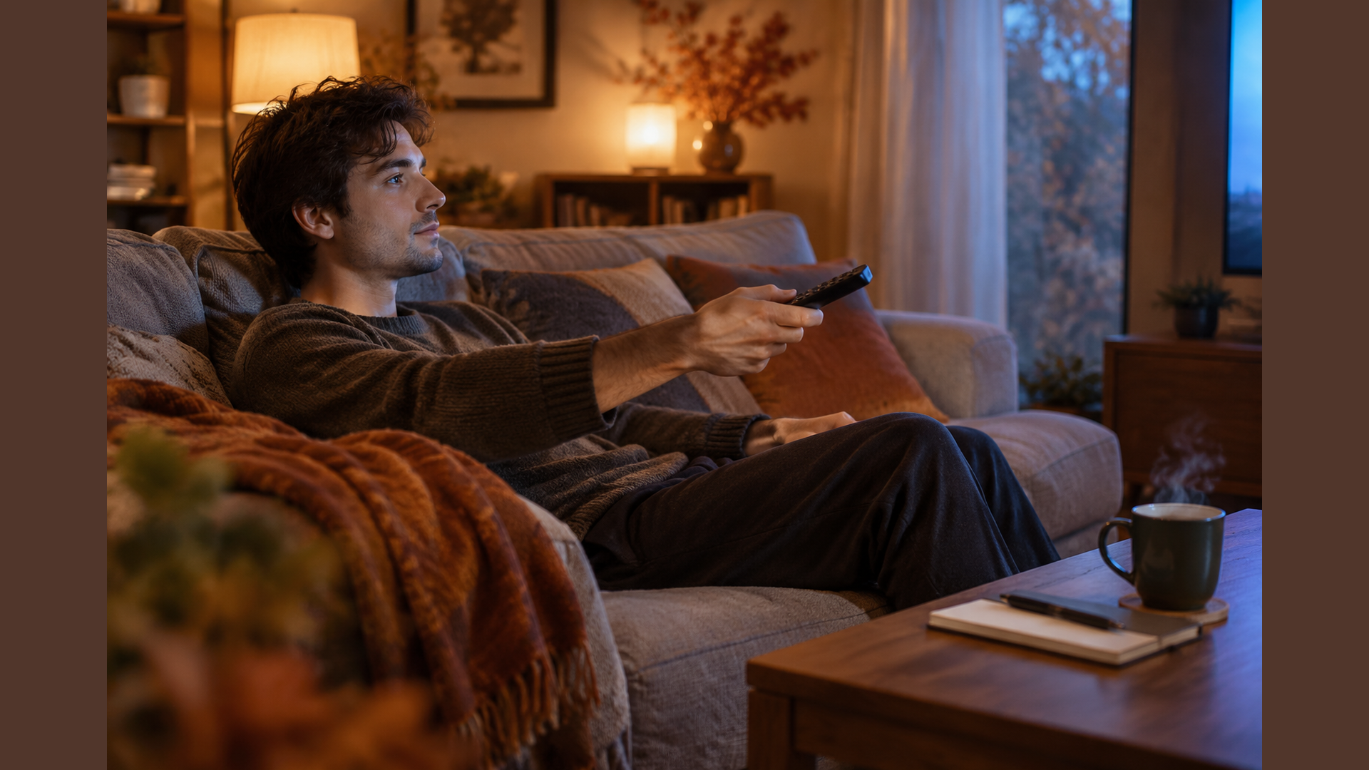 Person holding a remote control while preparing to stream upcoming OTT releases 2026 in a cozy living room.