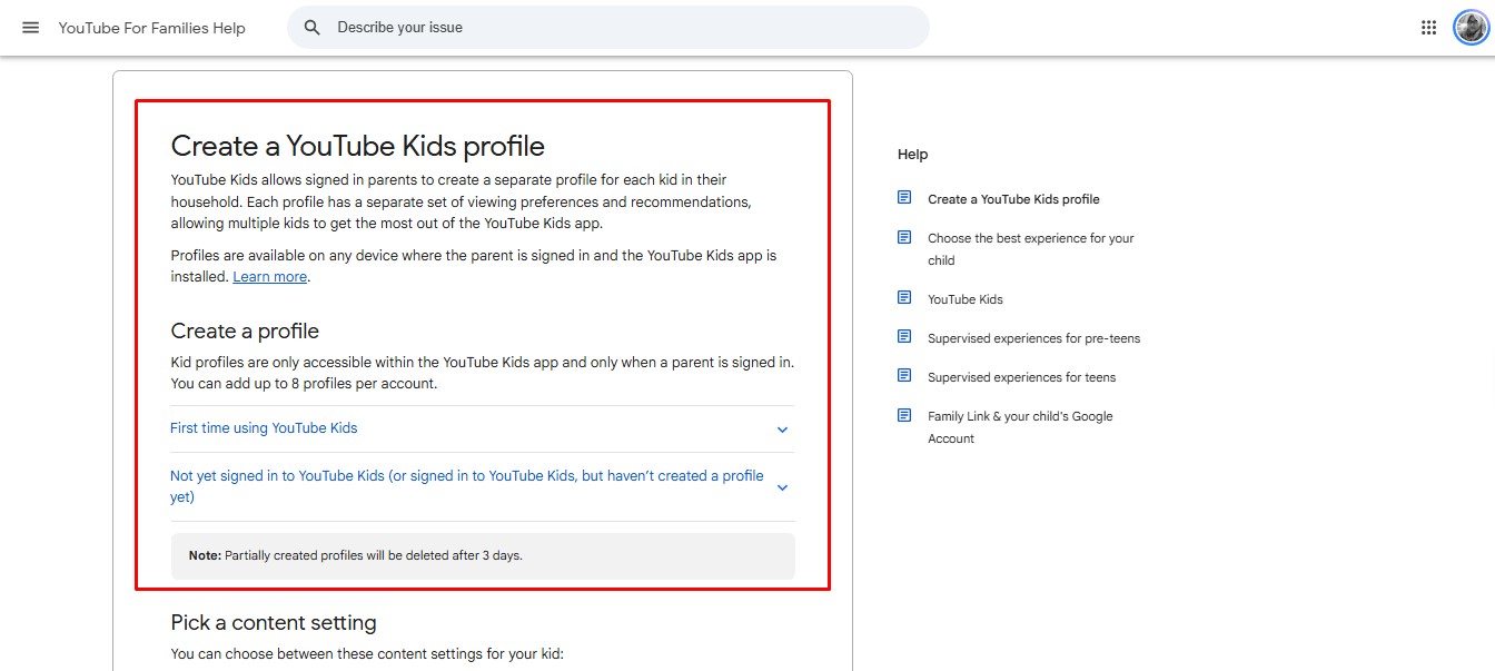 youtube kids profile creation