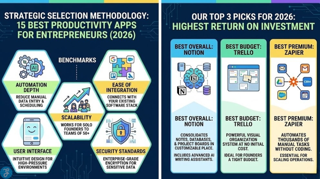 An infographic with two main panels under a header "Strategic Selection Methodology: 15 Best Productivity Apps for Entrepreneurs (2026)". The left panel, "Benchmarks," lists five selection criteria with icons and descriptions: Automation Depth, Scalability, User Interface, Ease of Integration, and Security Standards. The right panel, "Our Top 3 Picks for 2026," highlights Notion (Best Overall) with an AI-integrated digital brain icon, Trello (Best Budget) with a visual board, and Zapier (Best Premium) with an automation glue icon.